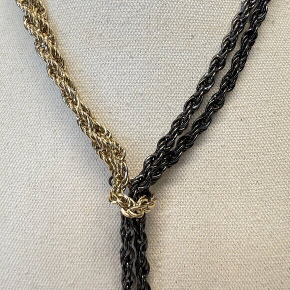 Two Tone Twisted Tassel Necklace Black Gold-Tone Long Length Adjustable - Picture 4 of 7